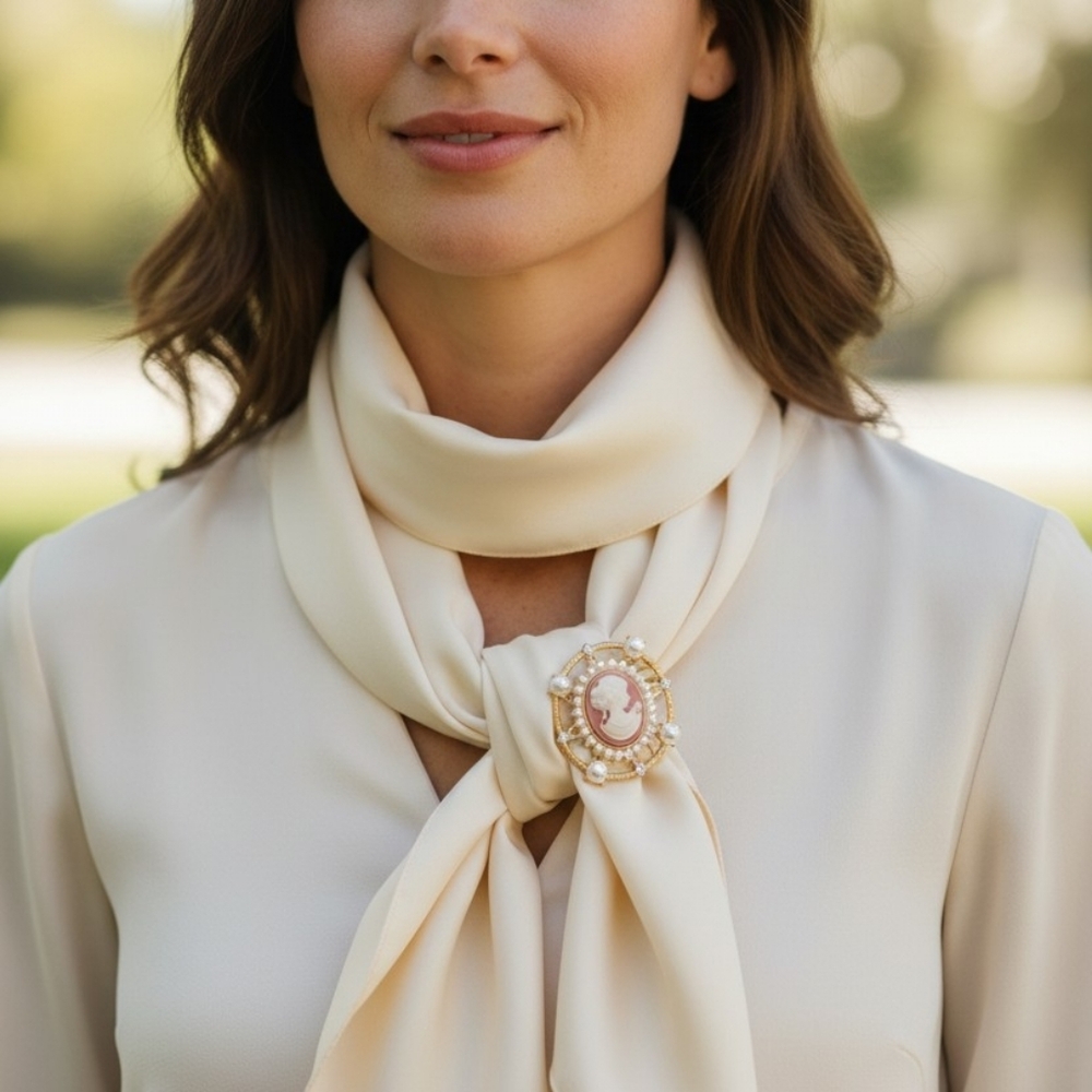 Gold-Tone Pink Cameo Pearl Statement Brooch - Picture 3 of 4